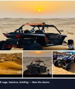 Dune buggies riding the red dunes at sunset near Al Madam, Dubai