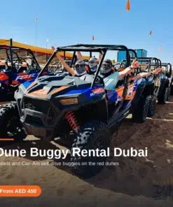 Polaris dune buggy fleet lined up ready to ride in the Dubai desert