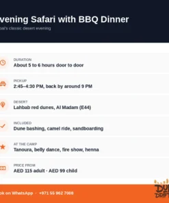 Evening desert safari Dubai details — duration, pickup times, inclusions and price