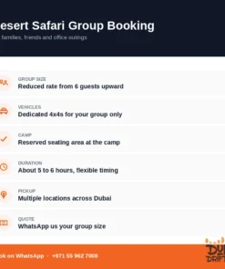 Desert safari group booking Dubai — group size, vehicles and camp area