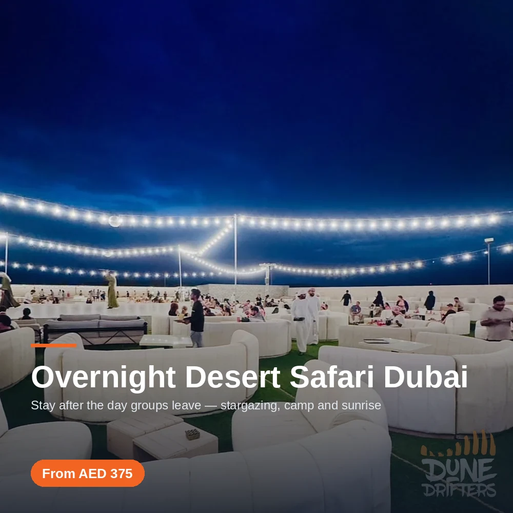 Overnight Desert Safari 5 Overnight desert safari camp lit at night in the Lahbab dunes, Dubai