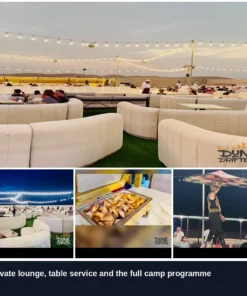 Private lounge seating, buffet and Tanoura show at the premium desert camp Dubai