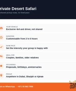Private desert safari Dubai — vehicle, duration, pace and pickup areas