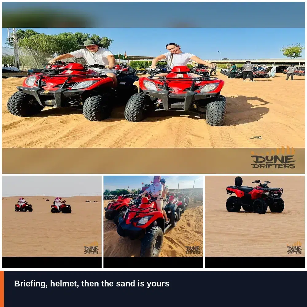 Quad Bike Rental 3 Guests riding quad bikes across the red dunes in the Dubai desert