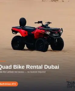 Red quad bike ready to ride on the sandpit at the Lahbab dunes, Dubai