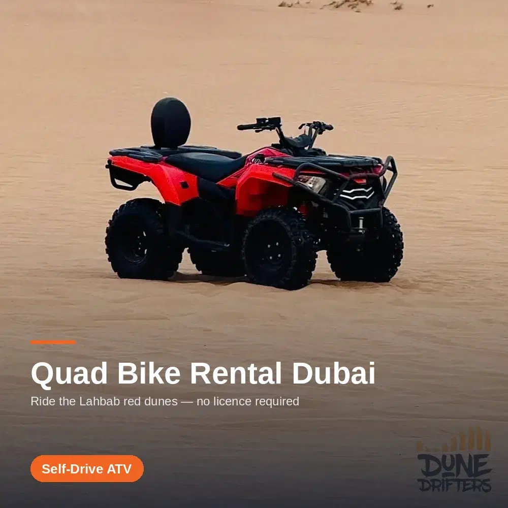 Quad Bike Rental 1 Red quad bike ready to ride on the sandpit at the Lahbab dunes, Dubai