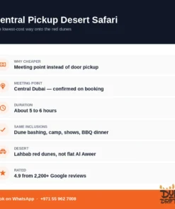 Central pickup desert safari Dubai — meeting point, inclusions and value