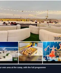 Reserved lounge seating, buffet and live show at the Dubai VIP desert camp